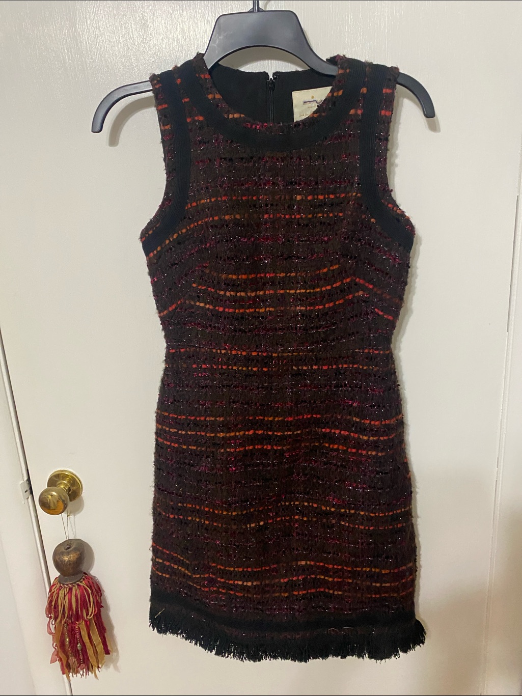 Kate Spade Black Tweed Mini Dress With Red & Orange Stripe Detail